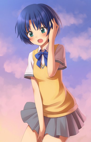 Anime picture 675x1050 with ano natsu de matteru j.c. staff tanigawa kanna kuro (chrono) single tall image blush fringe short hair open mouth standing blue hair looking away sky cloud (clouds) outdoors pleated skirt aqua eyes wind short sleeves