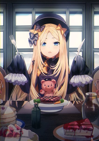 Anime picture 1000x1415 with fate (series) fate/grand order abigail williams (fate) dr poapo single long hair tall image looking at viewer blush fringe open mouth blue eyes blonde hair sitting holding payot indoors shadow hands in sleeves girl