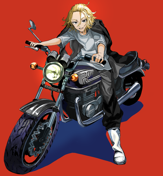 Anime picture 3104x3339 with tokyo revengers sano manjirou lumian (user lomen) single tall image looking at viewer highres short hair simple background blonde hair absurdres full body black eyes red background clothes on shoulders boy ground vehicle motorcycle