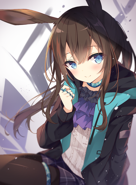 Anime picture 812x1100 with arknights amiya (arknights) hoshi (snacherubi) single long hair tall image looking at viewer blush fringe blue eyes smile hair between eyes brown hair animal ears payot ponytail head tilt blurry open jacket bunny ears