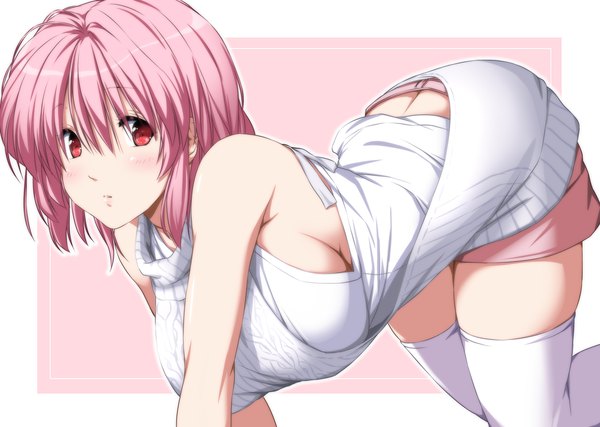 Anime picture 2088x1488 with touhou saigyouji yuyuko nori tamago single looking at viewer blush fringe highres short hair breasts light erotic hair between eyes red eyes large breasts pink hair on all fours girl thighhighs white thighhighs virgin killer sweater