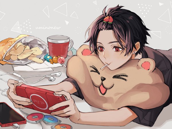 Anime picture 1800x1348 with original sony uminonew single highres short hair black hair red eyes looking away lying mole mole under eye piercing ear piercing on stomach head rest playing games boy food sweets