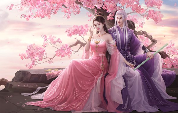 Anime picture 1572x1000 with original fan xiu long hair looking at viewer brown hair sitting bare shoulders holding brown eyes payot looking away sky silver hair full body outdoors traditional clothes parted lips arm up wind lips