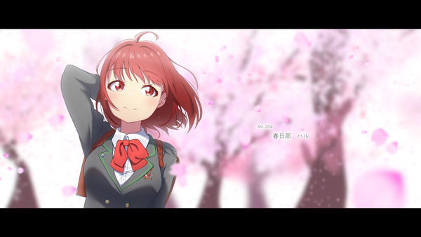 Anime picture 5760x3240 with tokyo 7th sisters kasukabe haru kukyiyuu single highres short hair smile red eyes wide image looking away absurdres upper body ahoge outdoors red hair blurry character names cherry blossoms letterboxed arm behind head