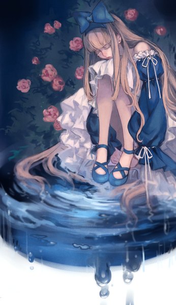 Anime picture 750x1300 with original penekor single long hair tall image blonde hair bare shoulders head tilt lips tears girl dress flower (flowers) bow plant (plants) hair bow water rose (roses) large bow