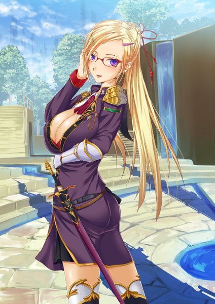 Anime picture 1002x1417 with original mame shitogi single long hair tall image looking at viewer blush breasts open mouth light erotic blonde hair large breasts purple eyes cleavage girl weapon sword glasses suit