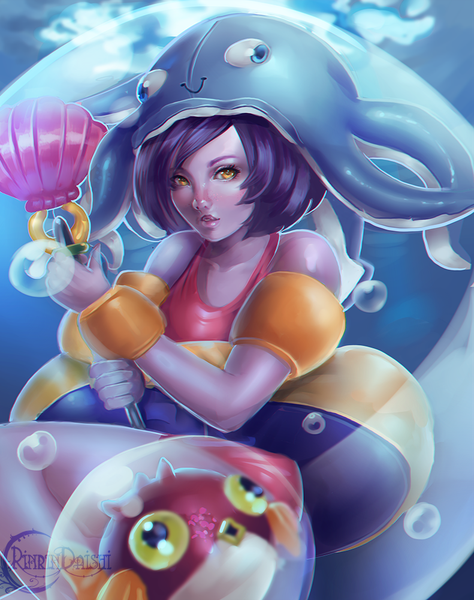 Anime picture 791x1000 with league of legends lulu (league of legends) rinrindaishi single tall image looking at viewer short hair yellow eyes purple hair lips girl swimsuit animal one-piece swimsuit bubble (bubbles) fish (fishes) inflatable armbands