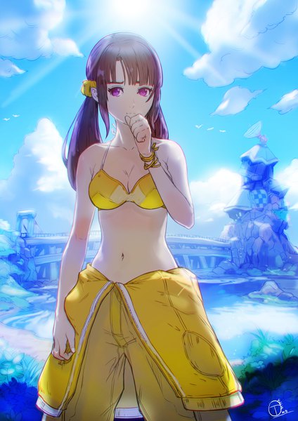 Anime picture 2480x3508 with original okuto single long hair tall image looking at viewer fringe highres breasts light erotic brown hair standing purple eyes twintails bare shoulders signed payot sky cloud (clouds) outdoors