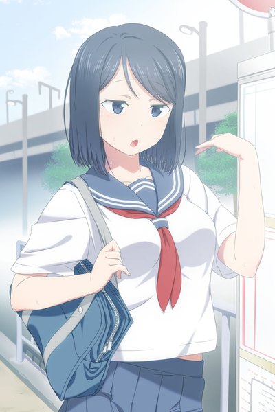 Anime picture 1000x1500 with original uma (uma1111) single tall image short hair open mouth blue eyes black hair girl uniform serafuku school bag