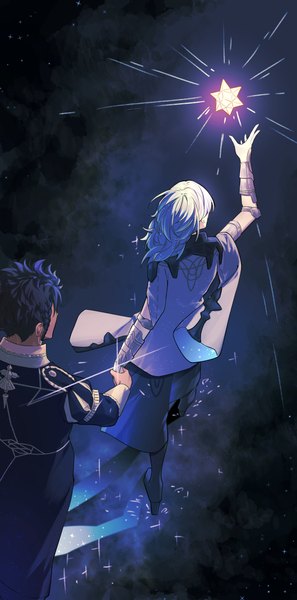 Anime picture 2508x5070 with fire emblem fire emblem: three houses nintendo byleth (fire emblem) byleth (female) (fire emblem) claude von riegan enlightened byleth (female) zhihaiwusheng long hair tall image highres short hair black hair full body arm up green hair from above glowing holding hands walking