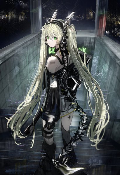 Anime picture 2804x4096 with original nanaponi single long hair tall image looking at viewer fringe highres blonde hair hair between eyes standing twintails green eyes outdoors off shoulder girl gloves weapon black gloves headphones