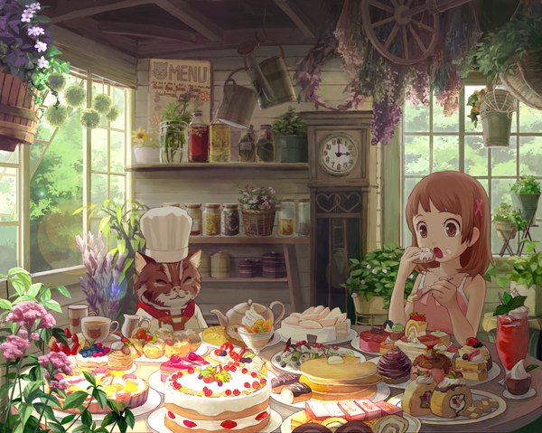 Anime picture 1773x1417 with original harupy single long hair highres open mouth brown hair brown eyes sleeveless food on face detailed checkerboard cookie chef girl uniform hair ornament flower (flowers) plant (plants) animal food
