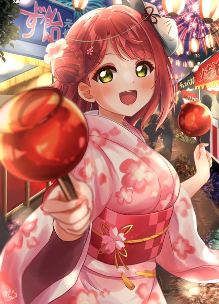 Anime picture 2646x3679 with love live! nijigasaki high school idol club sunrise (studio) love live! uehara ayumu a chamaru5 tall image looking at viewer blush fringe highres short hair breasts open mouth smile standing holding green eyes outdoors red hair nail polish