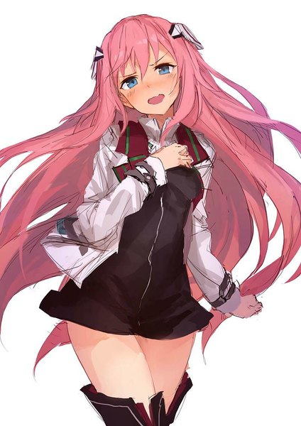 Anime-Bild 800x1132 mit gakusen toshi asterisk julis-alexia van riessfeld lm7 (op-center) single long hair tall image looking at viewer blush open mouth simple background white background pink hair girl dress jacket thigh boots short dress