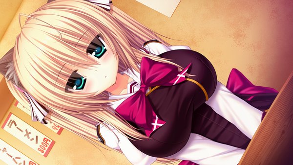 Anime picture 1280x720 with yakimochi stream tania helvellyn syroh single looking at viewer blush short hair blue eyes blonde hair wide image animal ears game cg cat ears cat girl girl uniform school uniform bowtie