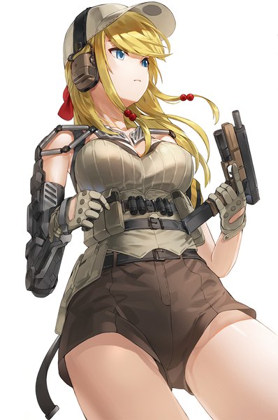 Anime picture 753x1134 with original kfr single long hair tall image fringe breasts blue eyes blonde hair simple background standing white background holding payot looking away from below girl gloves weapon shorts