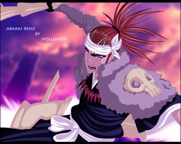 Anime picture 1000x794 with bleach studio pierrot abarai renji hollowcn single long hair open mouth ponytail red hair japanese clothes pink eyes coloring letterboxed boy weapon belt kimono skull