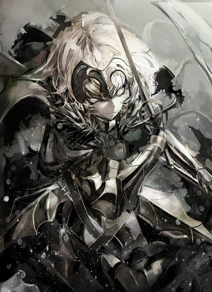 Anime picture 824x1132 with fate (series) fate/grand order jeanne d'arc (fate) (all) jeanne d'arc alter (fate) kataru (ubw-emiya) single tall image looking at viewer fringe short hair blonde hair hair between eyes holding yellow eyes fur trim heterochromia fighting stance serious frown dark persona