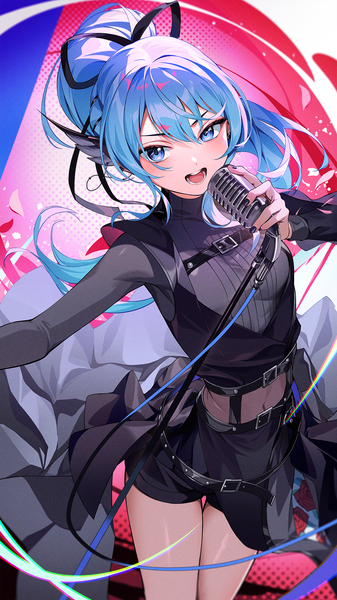 Anime picture 1080x1920 with virtual youtuber hololive hoshimachi suisei hoshimachi suisei (shout in crisis) kainown single long hair tall image fringe open mouth blue eyes hair between eyes blue hair ponytail nail polish :d from above midriff official alternate costume black nail polish