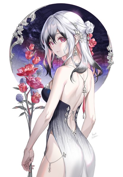 Anime picture 1000x1447 with original midori foo single long hair tall image looking at viewer light erotic red eyes standing white background bare shoulders signed silver hair looking back multicolored hair hair bun (hair buns) back side slit colored inner hair bare back