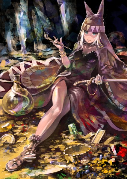 Anime picture 1110x1570 with original pixiv fantasia pixiv fantasia sword regalia pomodorosa single long hair tall image blonde hair aqua eyes legs reclining girl dress hat jewelry knife pipe kiseru gold