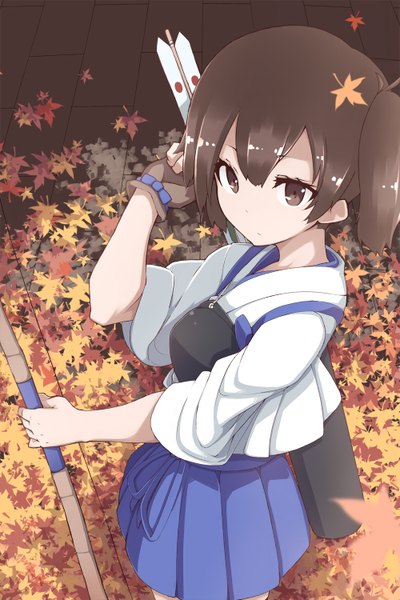 Anime picture 1000x1500 with kantai collection kaga aircraft carrier mku (artist) single tall image looking at viewer short hair brown hair standing holding brown eyes ponytail traditional clothes japanese clothes pleated skirt from above side ponytail girl skirt gloves