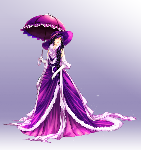 Anime picture 1024x1088 with original zenithomocha single long hair tall image simple background purple hair pink eyes purple background girl dress gloves hat elbow gloves scarf fur umbrella beads