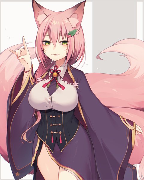 Anime picture 920x1150 with original muryotaro single long hair tall image fringe breasts simple background hair between eyes large breasts standing green eyes animal ears looking away pink hair tail long sleeves nail polish traditional clothes parted lips