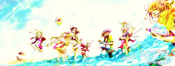 Anime picture 1638x620 with dogs: bullets & carnage david production haine rammsteiner fuyumine naoto badou nails nill luki noki mihai mihaeroff long hair short hair wide image beach group angel wings surfing girl boy swimsuit hat