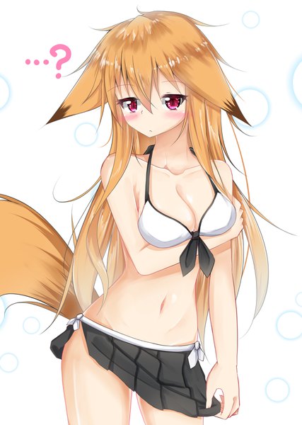 Anime picture 2549x3583 with original masa000010 single long hair tall image looking at viewer blush fringe highres breasts light erotic simple background hair between eyes red eyes brown hair standing white background bare shoulders animal ears cleavage