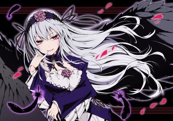 Anime picture 1300x912 with rozen maiden suigintou u (pixiv) single long hair breasts red eyes cleavage silver hair light smile tears grin girl dress flower (flowers) petals wings hairband rose (roses) blood