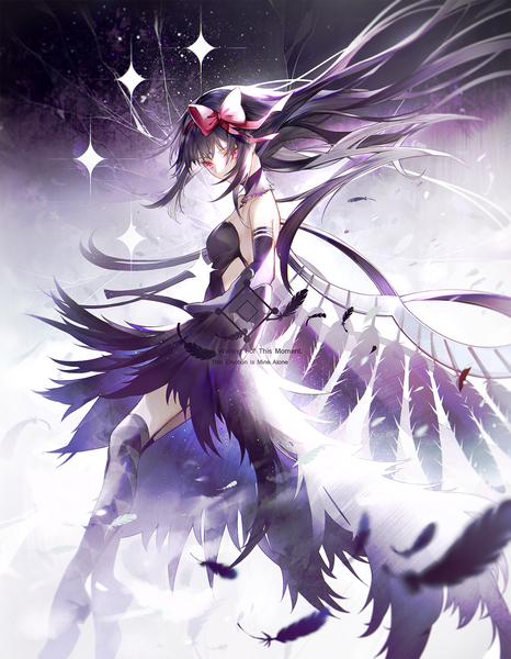 Anime picture 1167x1500 with mahou shoujo madoka magica shaft (studio) akemi homura akuma homura bai qi-qsr single long hair tall image fringe black hair red eyes bare shoulders head tilt wind text looking down flying english covered mouth outstretched hand