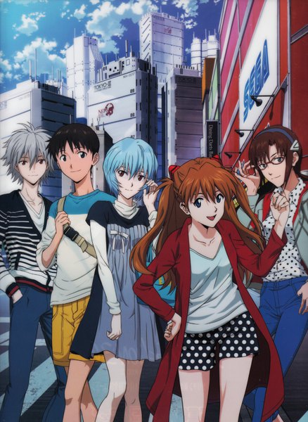 Anime picture 5104x6992 with neon genesis evangelion gainax soryu asuka langley ayanami rei ikari shinji nagisa kaworu makinami mari illustrious long hair tall image looking at viewer fringe highres short hair open mouth blue eyes black hair smile hair between eyes red eyes brown hair