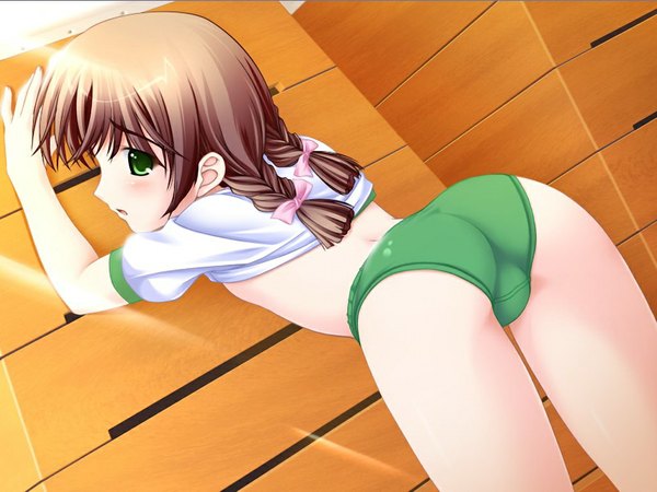 Anime picture 1024x768 with imouto bloomer 2 (game) light erotic brown hair green eyes game cg ass girl uniform gym uniform vaulting horse