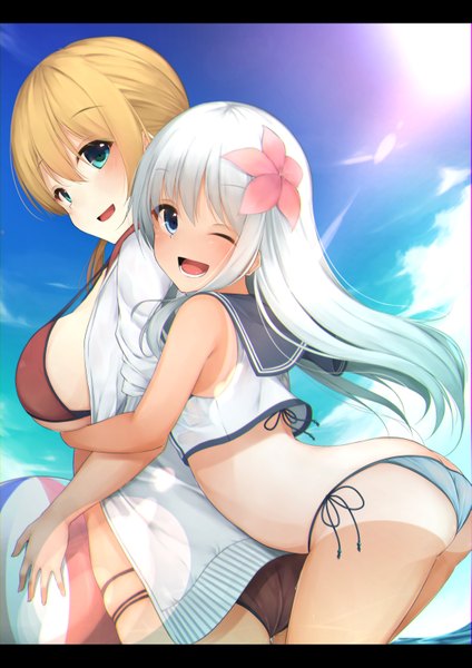 Anime picture 1157x1637 with kantai collection prinz eugen (kantai collection) ro-500 submarine waterdog long hair tall image looking at viewer blush breasts open mouth blue eyes light erotic blonde hair smile large breasts multiple girls sky silver hair cloud (clouds) hair flower