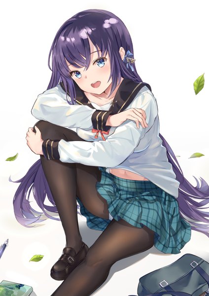 Anime-Bild 1190x1684 mit original mosta (lo1777789) single long hair tall image looking at viewer blush fringe breasts open mouth blue eyes light erotic simple background smile hair between eyes white background sitting payot purple hair bent knee (knees)