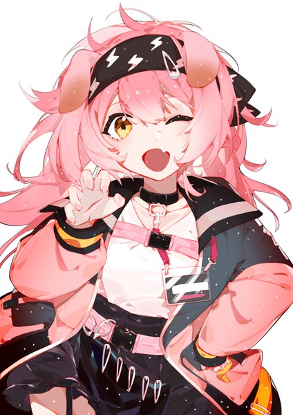 Anime picture 2480x3508 with arknights goldenglow (arknights) fui (fui29493452) single long hair tall image looking at viewer highres open mouth simple background white background animal ears yellow eyes pink hair one eye closed wink cat ears cat girl fang (fangs) hand on hip
