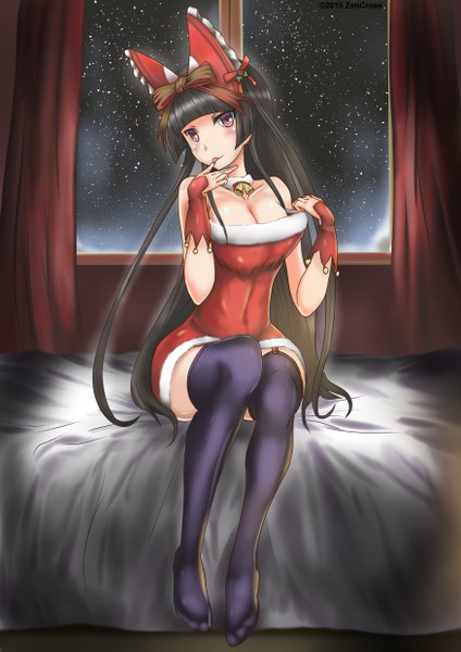 Anime picture 3500x4958 with gate - jieitai ka no chi nite kaku tatakaeri a-1 pictures rory mercury zen cross single long hair tall image looking at viewer blush highres breasts light erotic black hair large breasts sitting bare shoulders absurdres cleavage bent knee (knees) blunt bangs