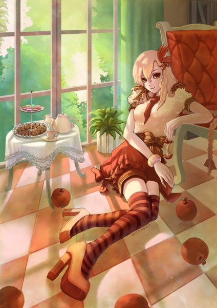 Anime picture 1752x2480 with original pegasuskuan long hair tall image highres blonde hair smile brown eyes checkered floor thighhighs dress bow bracelet window striped thighhighs chair cup apple teapot tea