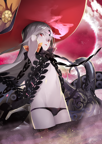 Anime picture 3032x4272 with fate (series) fate/grand order abigail williams (fate) furisuku single long hair tall image looking at viewer highres light erotic red eyes absurdres silver hair from below partially submerged skull print girl underwear panties hat