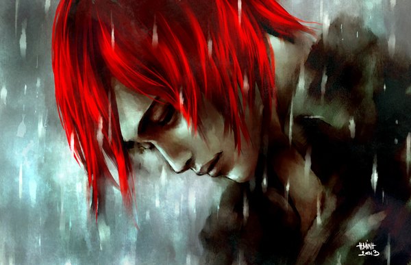 Anime picture 2282x1474 with original nanfe single highres short hair signed red hair eyes closed close-up rain face girl