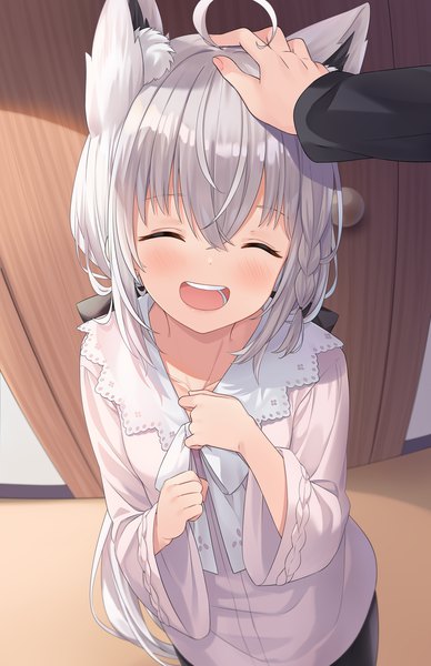 Anime picture 1294x2000 with virtual youtuber hololive shirakami fubuki hitsukuya long hair tall image blush fringe open mouth smile hair between eyes standing animal ears silver hair ahoge indoors braid (braids) eyes closed from above wide sleeves