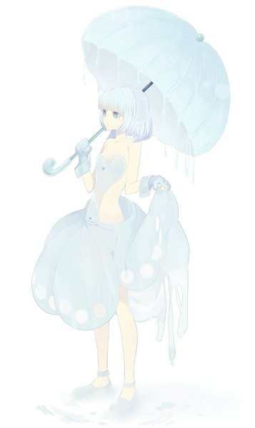 Anime picture 596x1000 with original harano single tall image fringe short hair breasts blue eyes light erotic simple background standing white background blue hair looking away no bra flat chest liquid clothes girl dress gloves