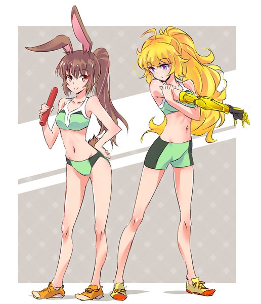 Anime picture 2812x3268 with rwby devilman devilman crybaby rooster teeth yang xiao long velvet scarlatina iesupa long hair tall image looking at viewer highres light erotic blonde hair smile brown hair standing purple eyes multiple girls brown eyes animal ears