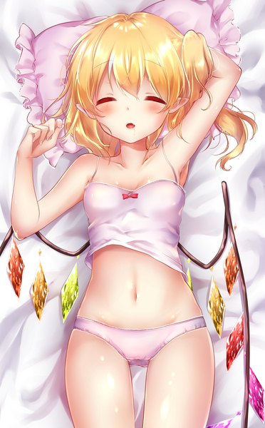 Anime-Bild 1275x2055 mit touhou flandre scarlet shanghai bisu single tall image short hair breasts open mouth light erotic blonde hair lying eyes closed pointy ears arms up armpit (armpits) on back one side up thigh gap saliva sleeping