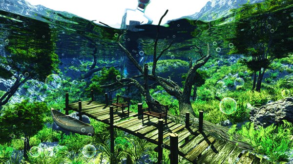 Anime picture 1815x1021 with original y-k highres wide image sky underwater no people landscape scenic plant (plants) tree (trees) water grass bubble (bubbles) watercraft boat pier