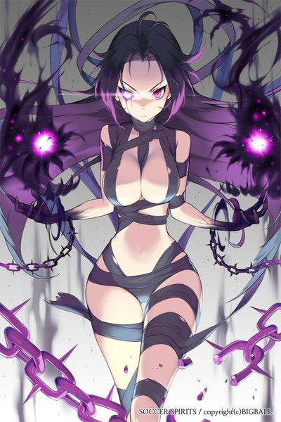 Anime picture 720x1080 with soccer spirits 1000marie single long hair tall image looking at viewer fringe breasts light erotic large breasts standing purple eyes purple hair bare belly copyright name magic glowing glowing eye (eyes) serious girl