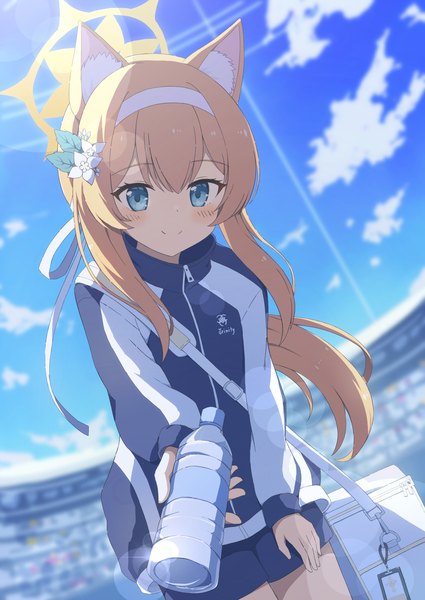 Anime-Bild 1417x2000 mit blue archive mari (blue archive) mari (gym uniform) (blue archive) tyakomis single long hair tall image looking at viewer blush blue eyes blonde hair smile animal ears sky cloud (clouds) from below leaning leaning forward official alternate costume girl