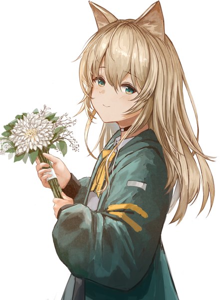 Anime picture 2500x3400 with arknights podenco (arknights) uzurako single long hair tall image looking at viewer fringe highres simple background blonde hair hair between eyes white background animal ears upper body aqua eyes girl flower (flowers) bouquet