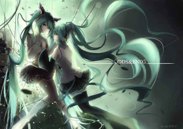 Anime picture 2678x1890 with vocaloid odds & ends (vocaloid) hatsune miku asahi kuroi fringe highres standing twintails multiple girls very long hair aqua eyes aqua hair inscription grey background wide sleeves bare belly zettai ryouiki tears holding hands face to face